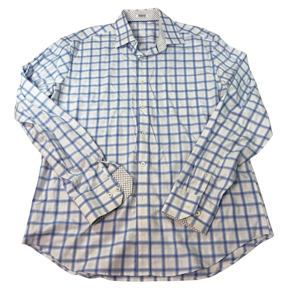 Bugatchi mens shaped fit white blue plaid long sleeve button up. Size L. office